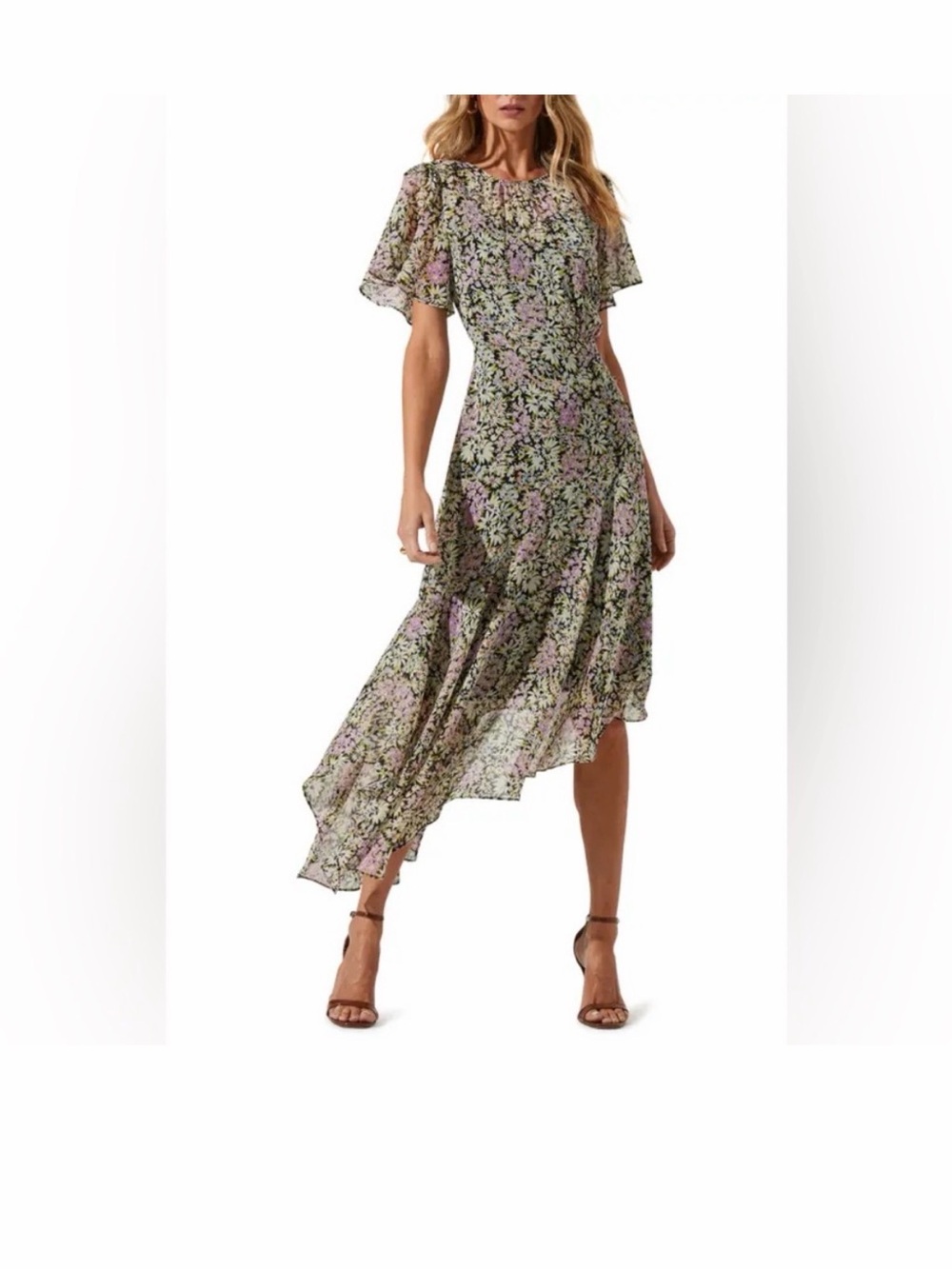Astr Floral High-Low flutter sleeve handkerchief hemChiffon Dress - Green & Pink